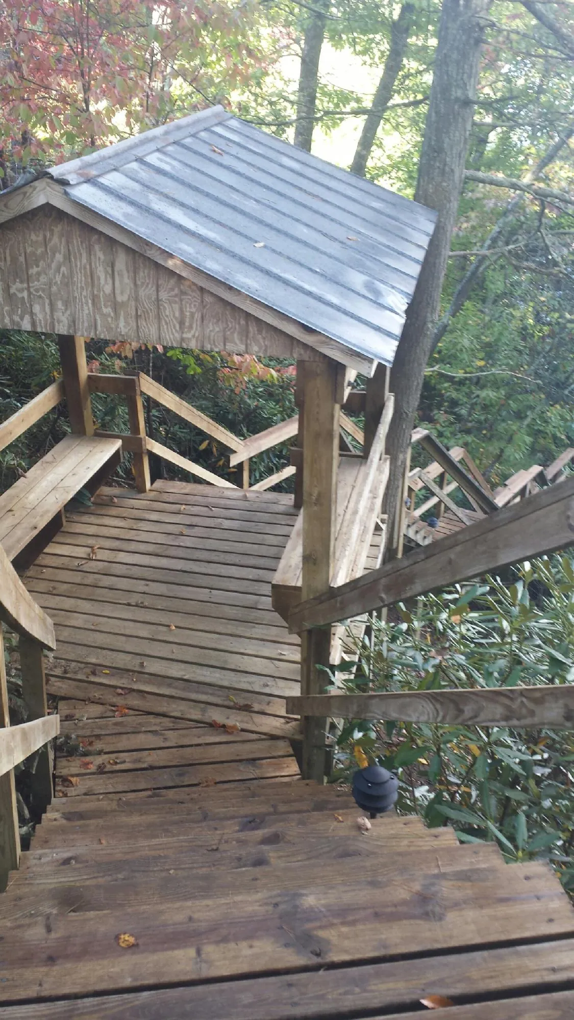 Metal roofed shelter over wooden steps on a wooded walkway — Skylight Repair & Installation work by our crew in Hilham